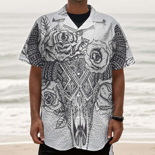 Tribal Indian Bull Skull Print Textured Short Sleeve Shirt