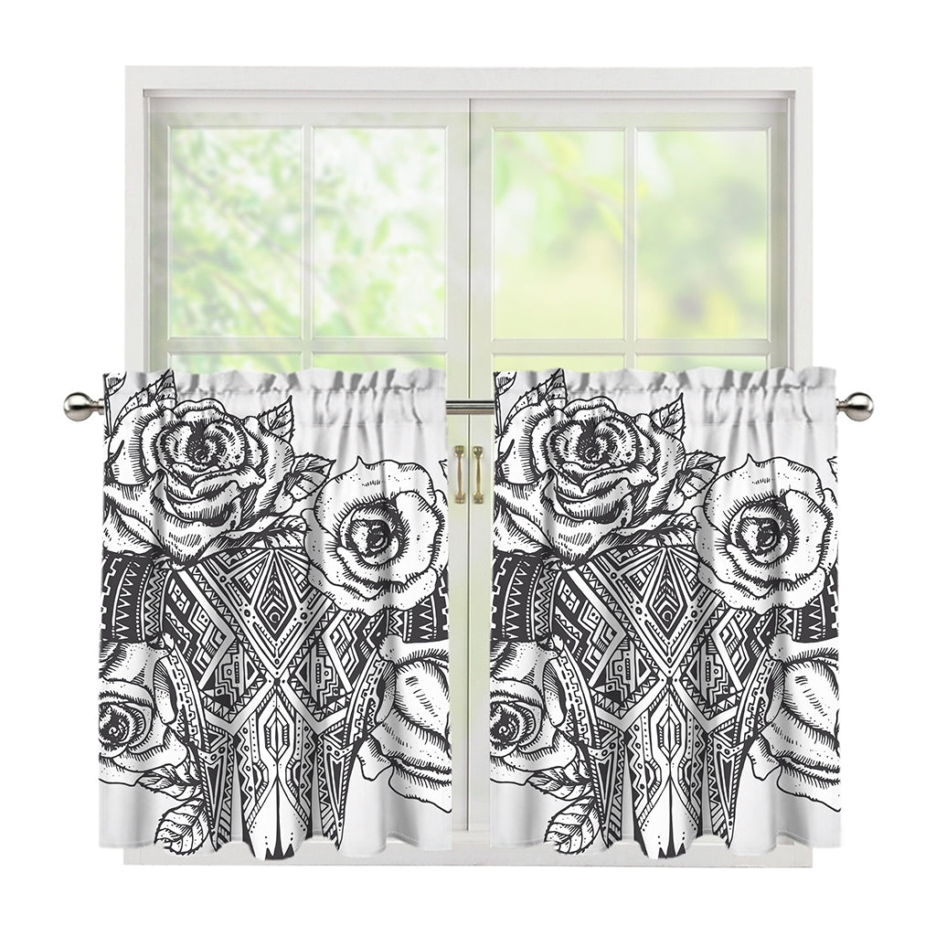 Tribal Indian Bull Skull Print Tier Curtains