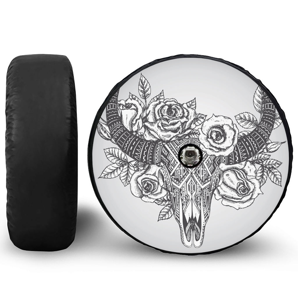 Tribal Indian Bull Skull Print Tire Cover With Camera Hole