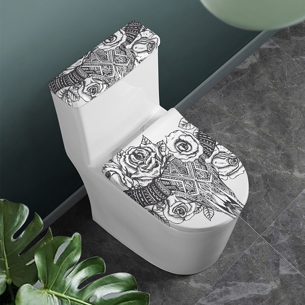 Tribal Indian Bull Skull Print Toilet Lid And Tank Cover Set