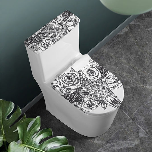 Tribal Indian Bull Skull Print Toilet Lid And Tank Cover Set