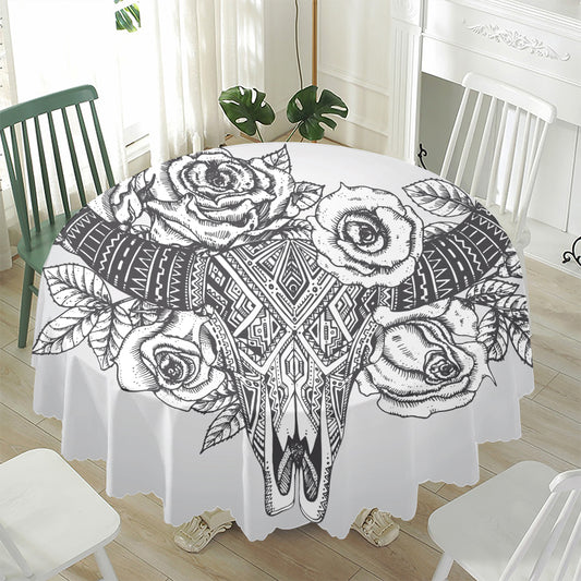 Tribal Indian Bull Skull Print Waterproof Round Tablecloth