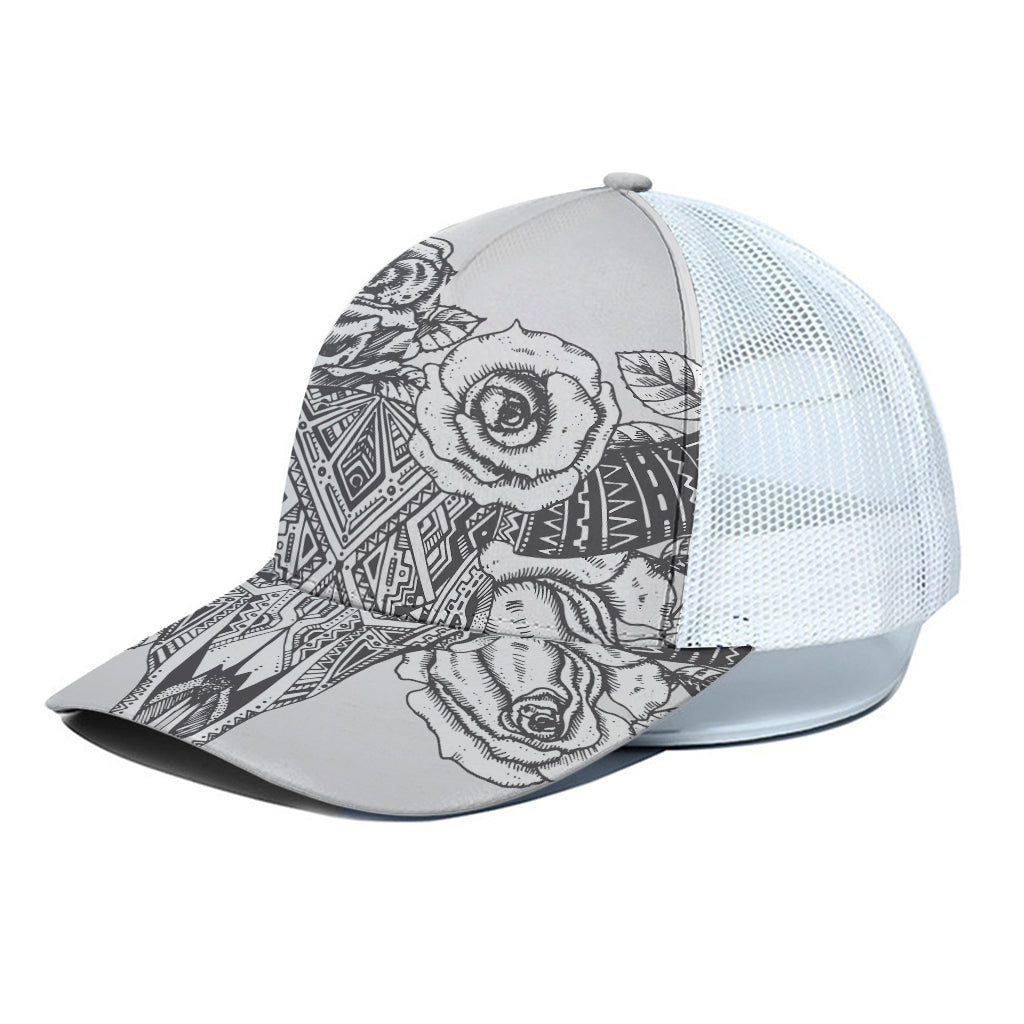 Tribal Indian Bull Skull Print White Mesh Trucker Cap