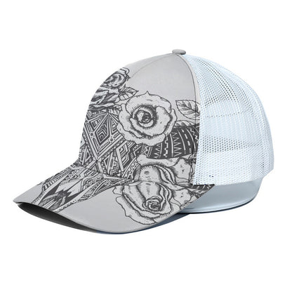 Tribal Indian Bull Skull Print White Mesh Trucker Cap