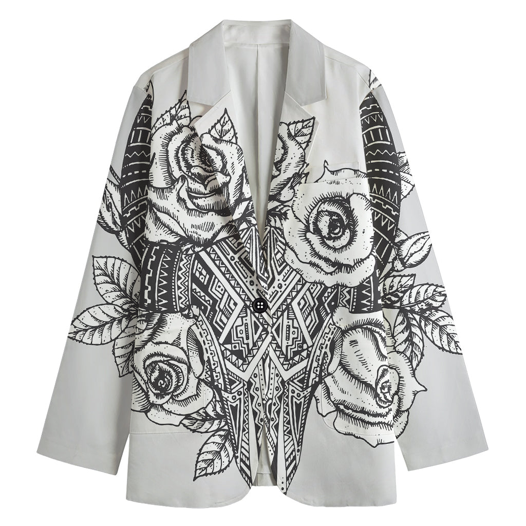 Tribal Indian Bull Skull Print Women's Blazer