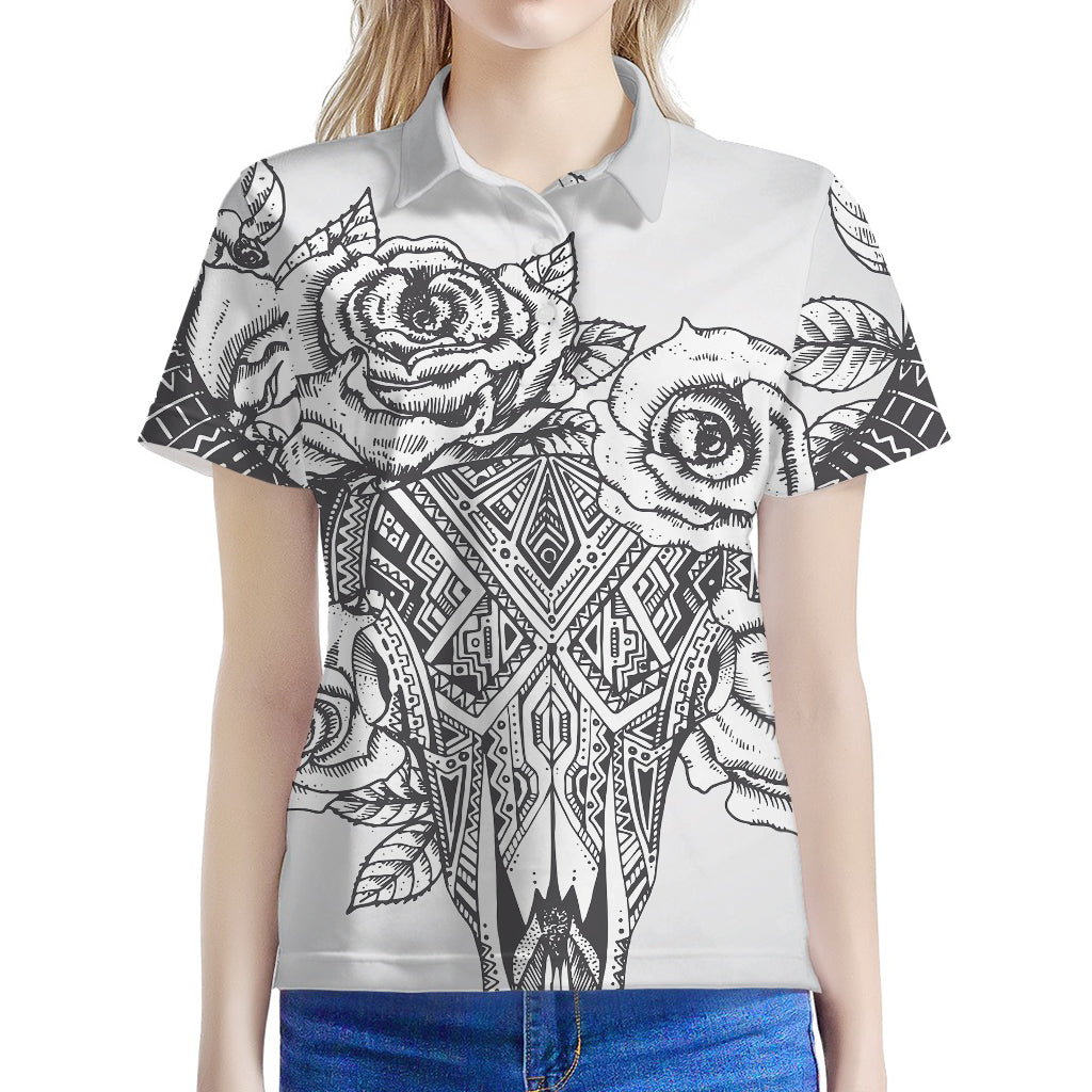 Tribal Indian Bull Skull Print Women's Polo Shirt