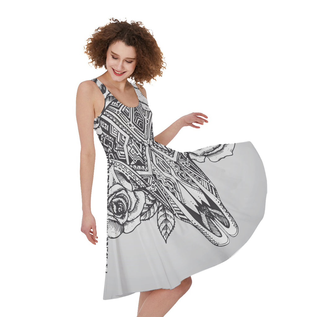 Tribal Indian Bull Skull Print Women's Sleeveless Dress
