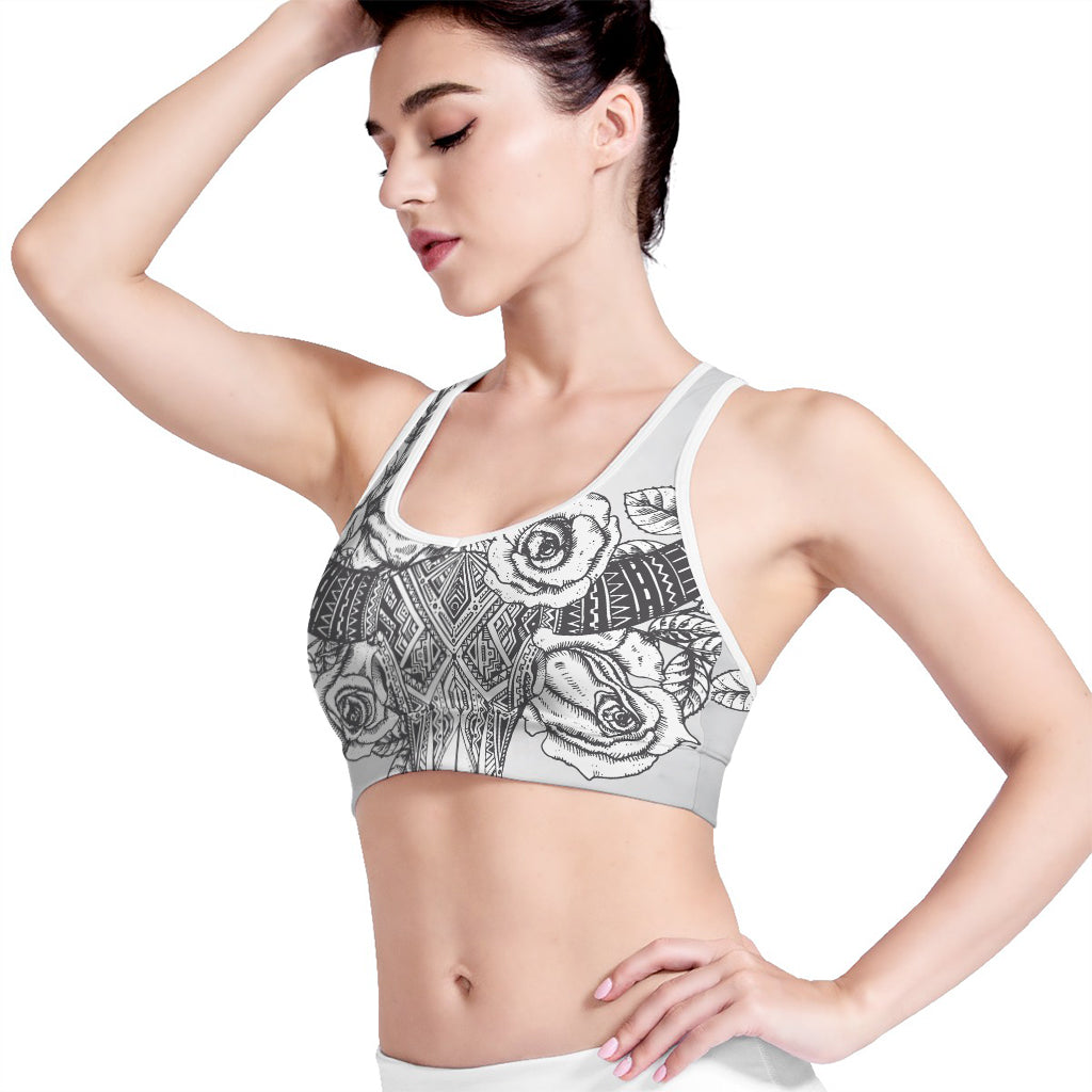 Tribal Indian Bull Skull Print Women's Sports Bra