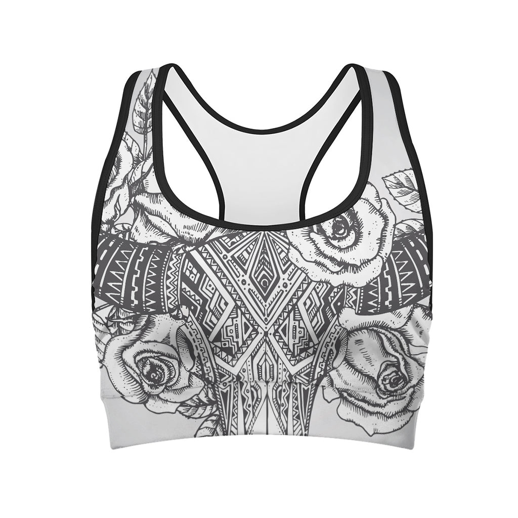 Tribal Indian Bull Skull Print Women's Sports Bra