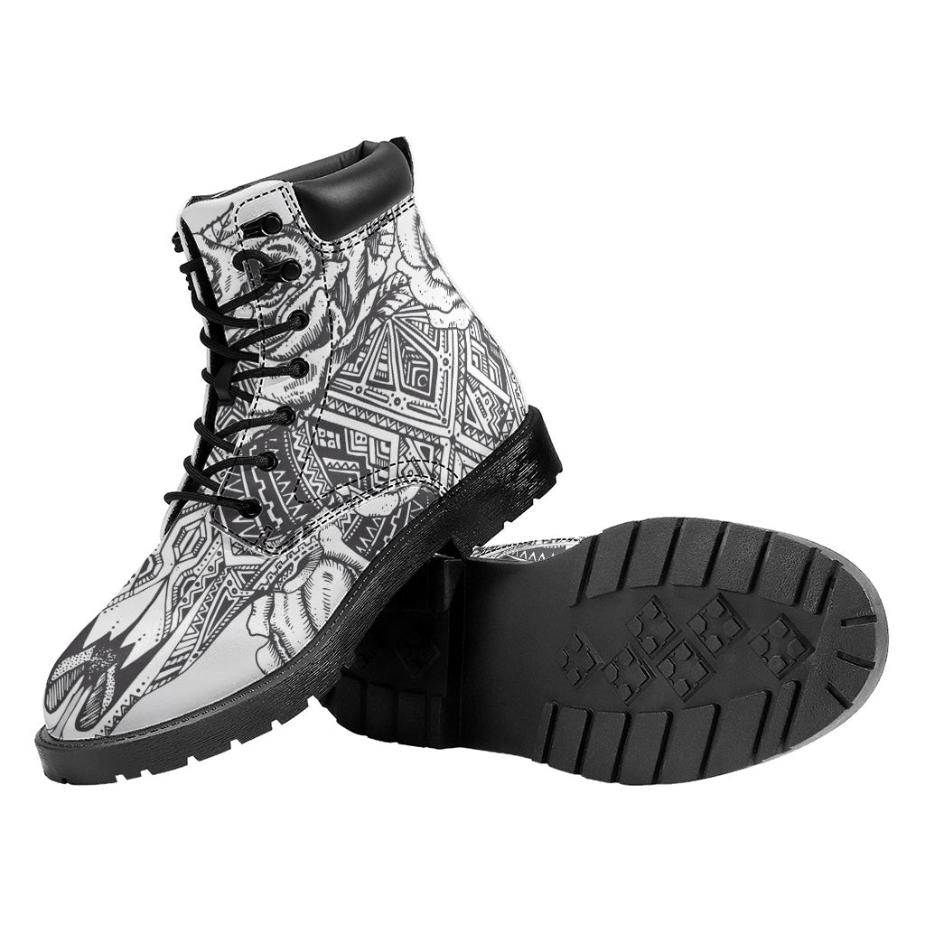 Tribal Indian Bull Skull Print Work Boots