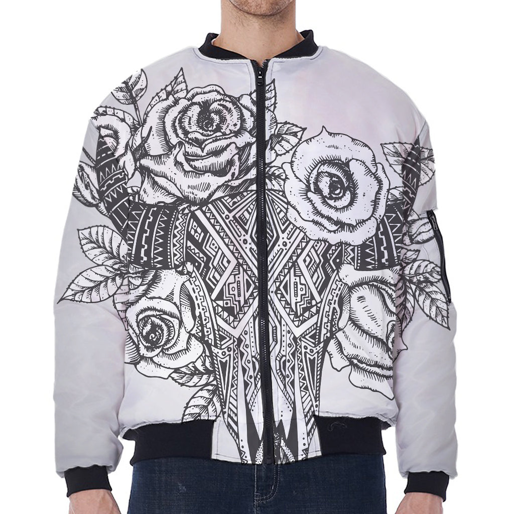 Tribal Indian Bull Skull Print Zip Sleeve Bomber Jacket