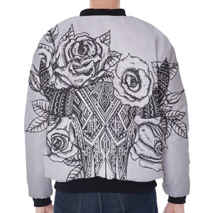 Tribal Indian Bull Skull Print Zip Sleeve Bomber Jacket