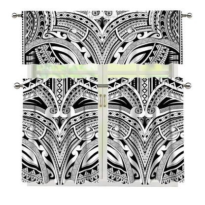Tribal Maori Polynesian Tattoo Print 3 Piece Kitchen Curtains