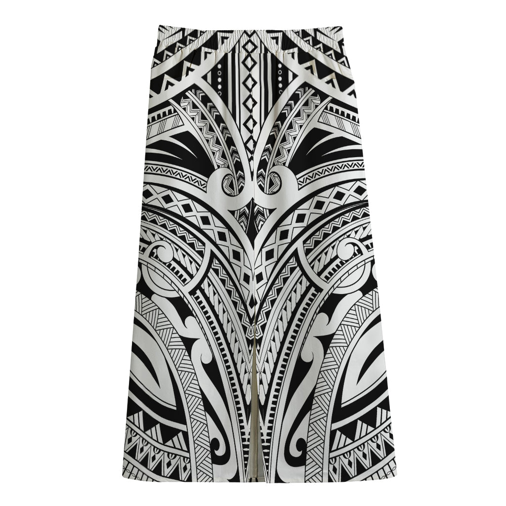 Tribal Maori Polynesian Tattoo Print Cotton Front Slit Maxi Skirt