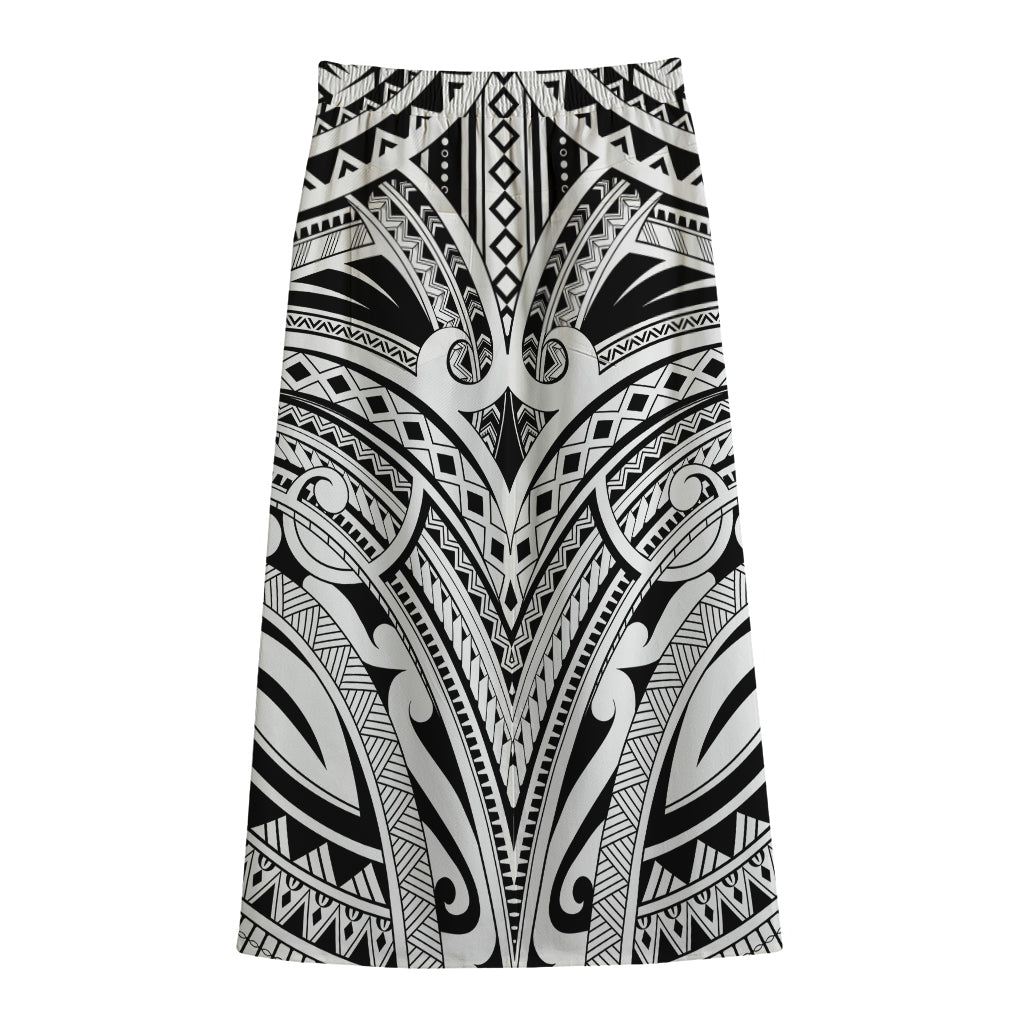 Tribal Maori Polynesian Tattoo Print Cotton Front Slit Maxi Skirt