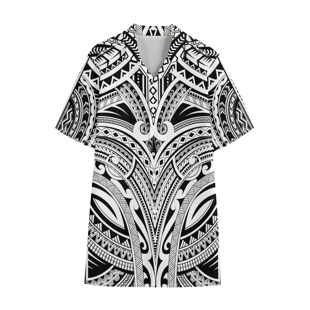 Tribal Maori Polynesian Tattoo Print Cotton Hawaiian Shirt