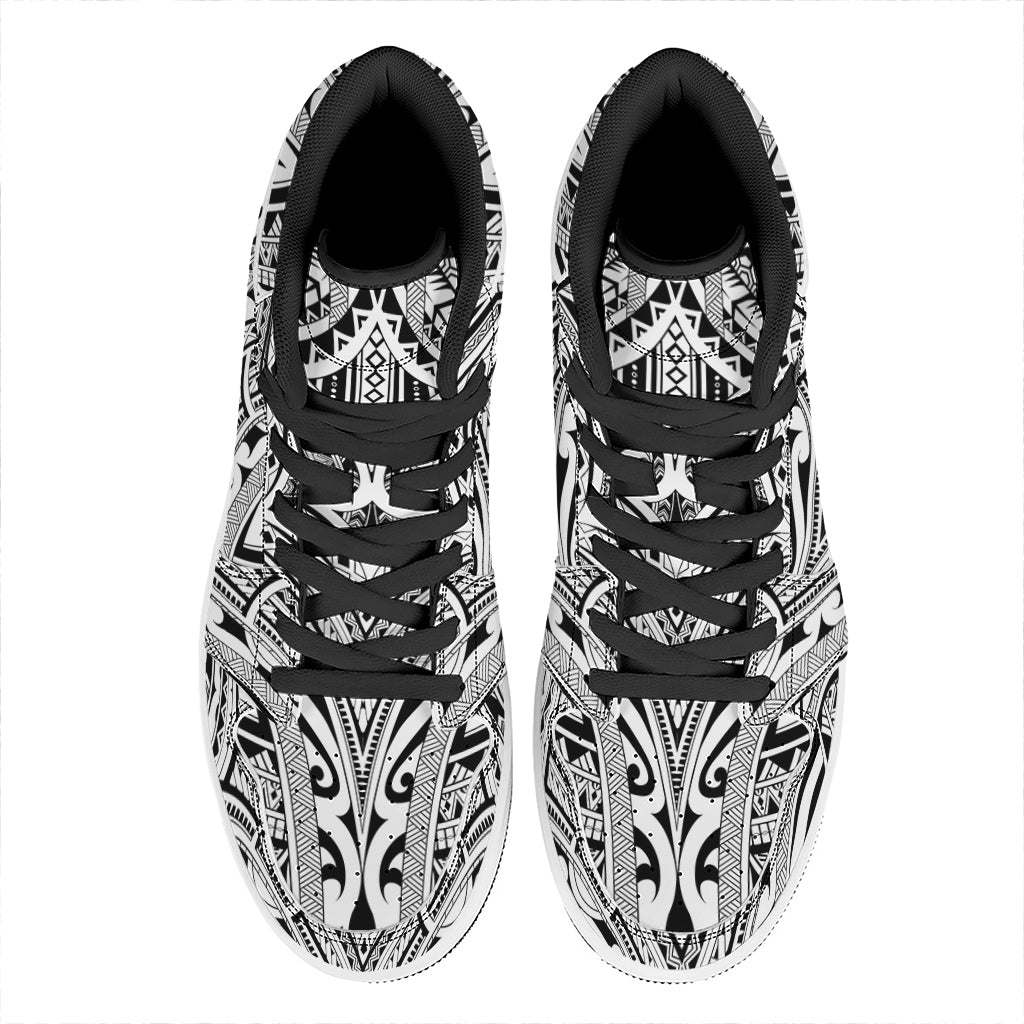 Tribal Maori Polynesian Tattoo Print High Top Leather Sneakers