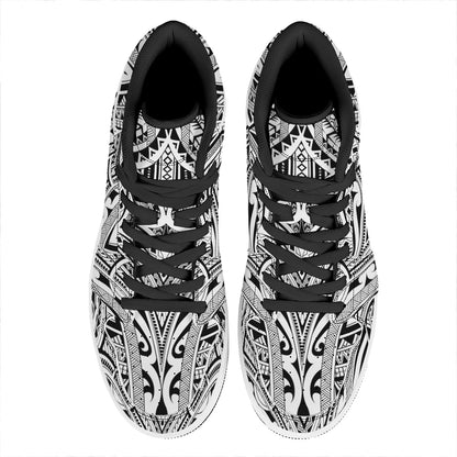 Tribal Maori Polynesian Tattoo Print High Top Leather Sneakers