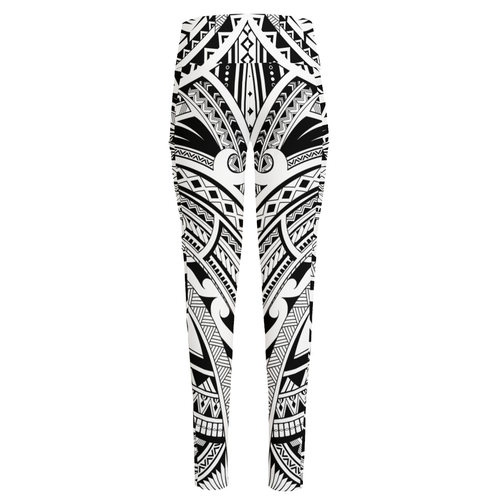 Tribal Maori Polynesian Tattoo Print High-Waisted Pocket Leggings