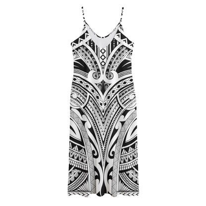 Tribal Maori Polynesian Tattoo Print Jersey Midi Cami Dress
