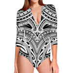 Tribal Maori Polynesian Tattoo Print Long Sleeve Swimsuit