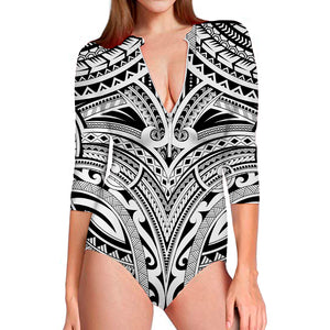 Tribal Maori Polynesian Tattoo Print Long Sleeve Swimsuit