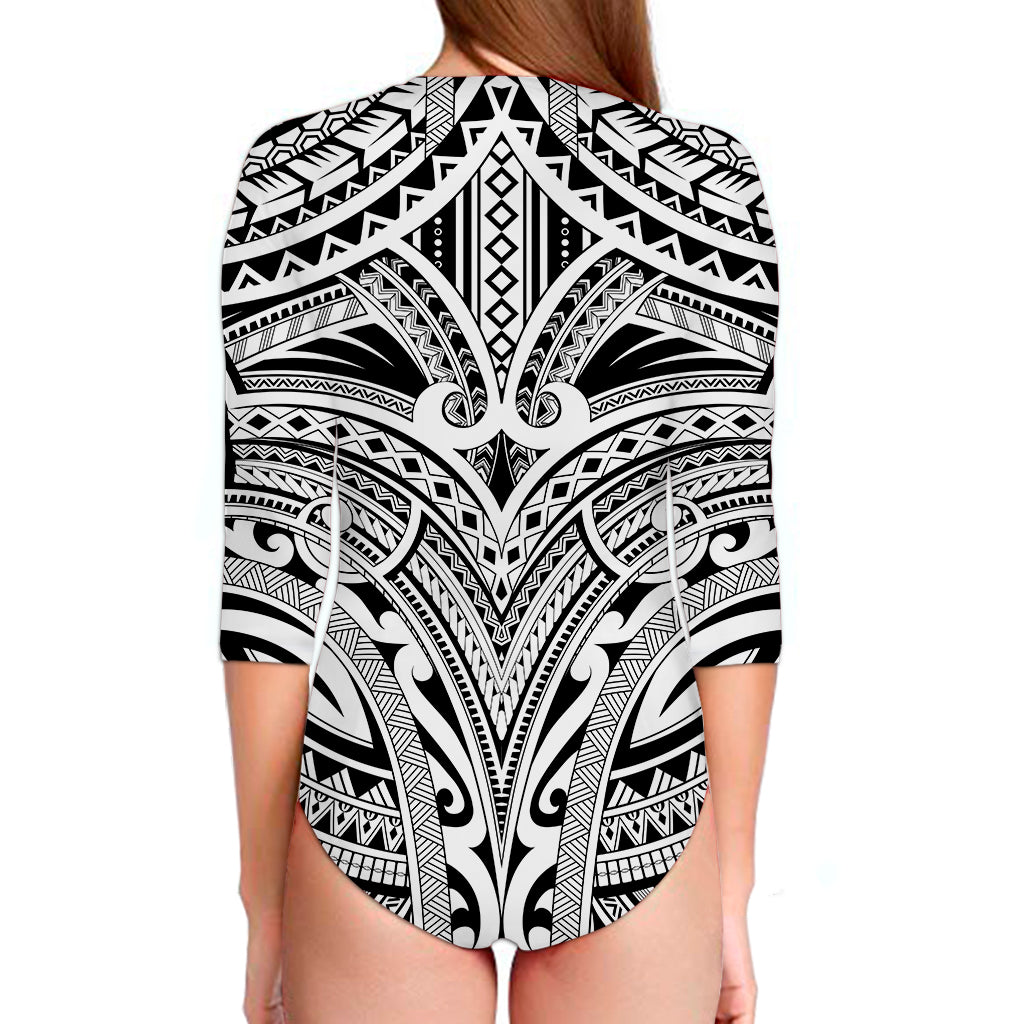 Tribal Maori Polynesian Tattoo Print Long Sleeve Swimsuit