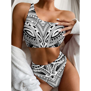 Tribal Maori Polynesian Tattoo Print One Shoulder Bikini Top