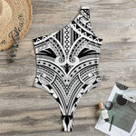 Tribal Maori Polynesian Tattoo Print One Shoulder Bodysuit