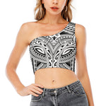 Tribal Maori Polynesian Tattoo Print One Shoulder Crop Top