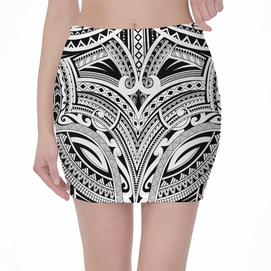 Tribal Maori Polynesian Tattoo Print Pencil Mini Skirt