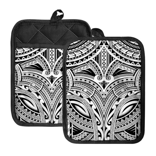 Tribal Maori Polynesian Tattoo Print Pot Holders With Pocket