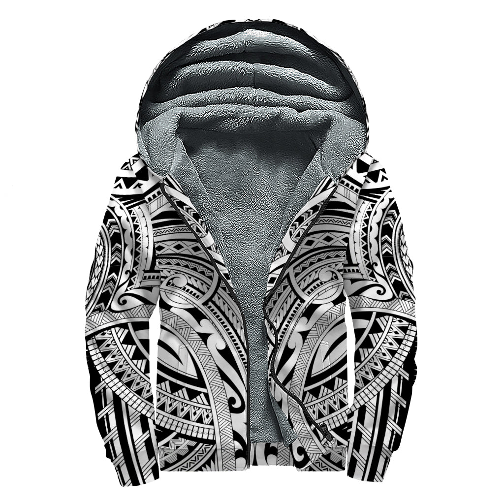 Tribal Maori Polynesian Tattoo Print Sherpa Lined Zip Up Hoodie