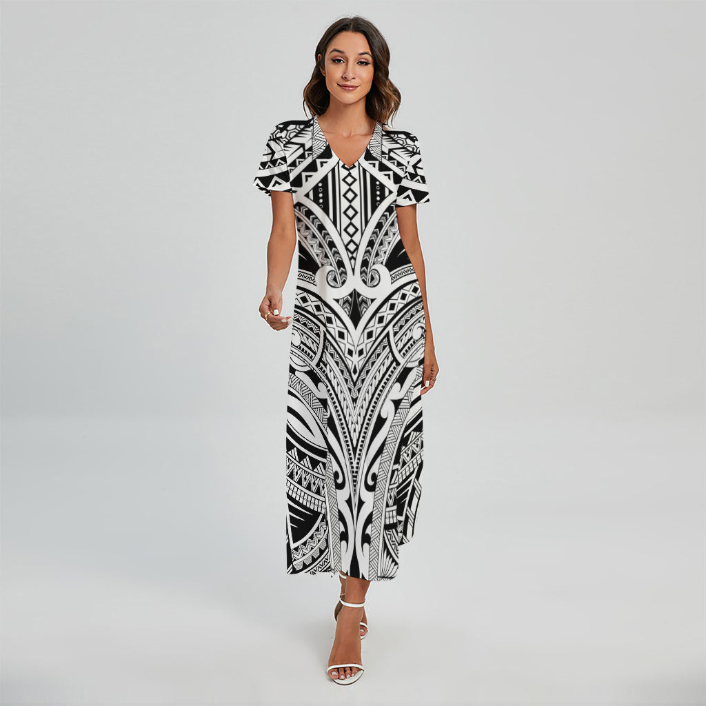 Tribal Maori Polynesian Tattoo Print Short Sleeve Maxi Dress