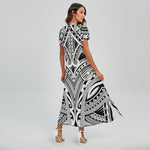 Tribal Maori Polynesian Tattoo Print Short Sleeve Maxi Dress