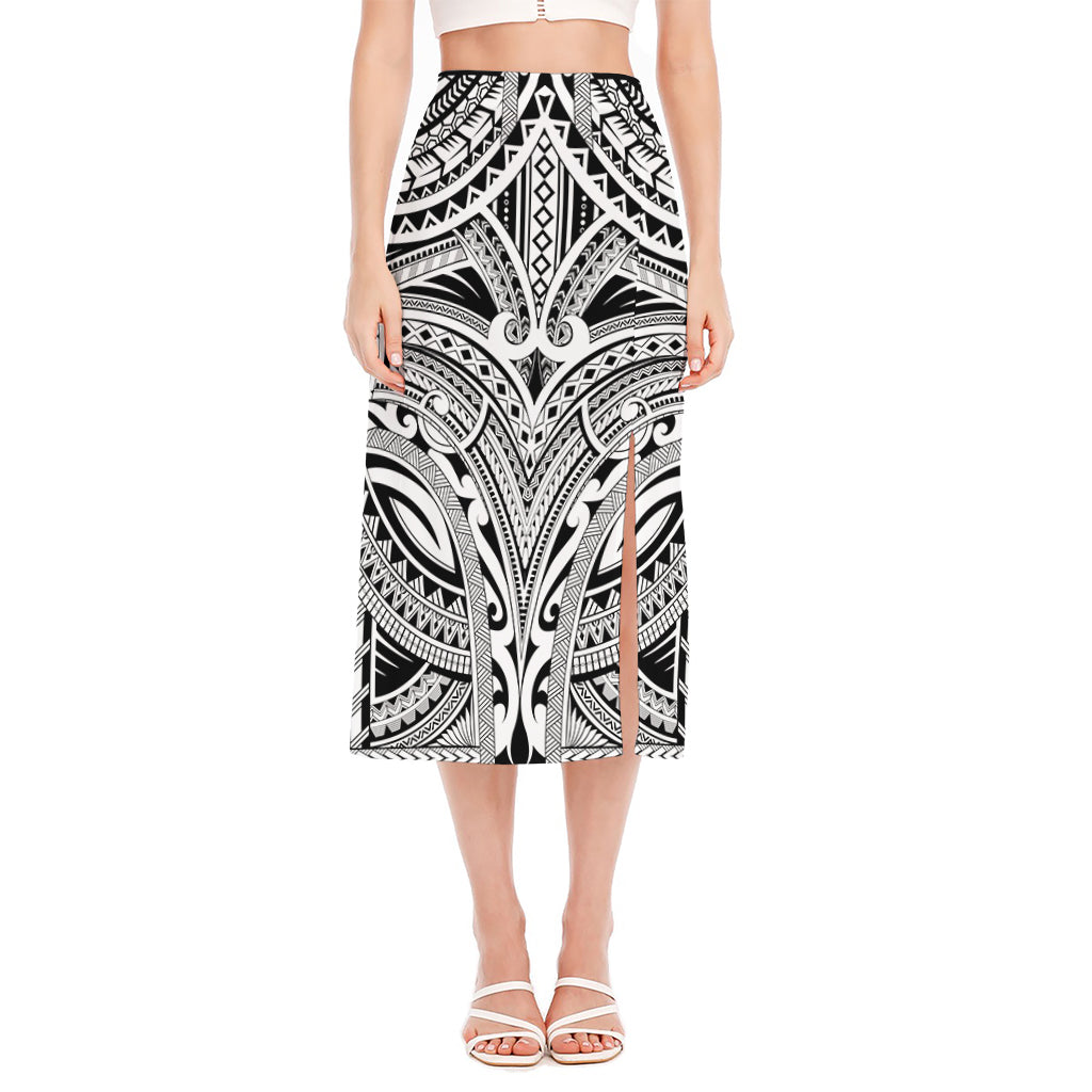 Tribal Maori Polynesian Tattoo Print Side Slit Midi Skirt