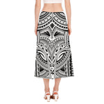 Tribal Maori Polynesian Tattoo Print Side Slit Midi Skirt