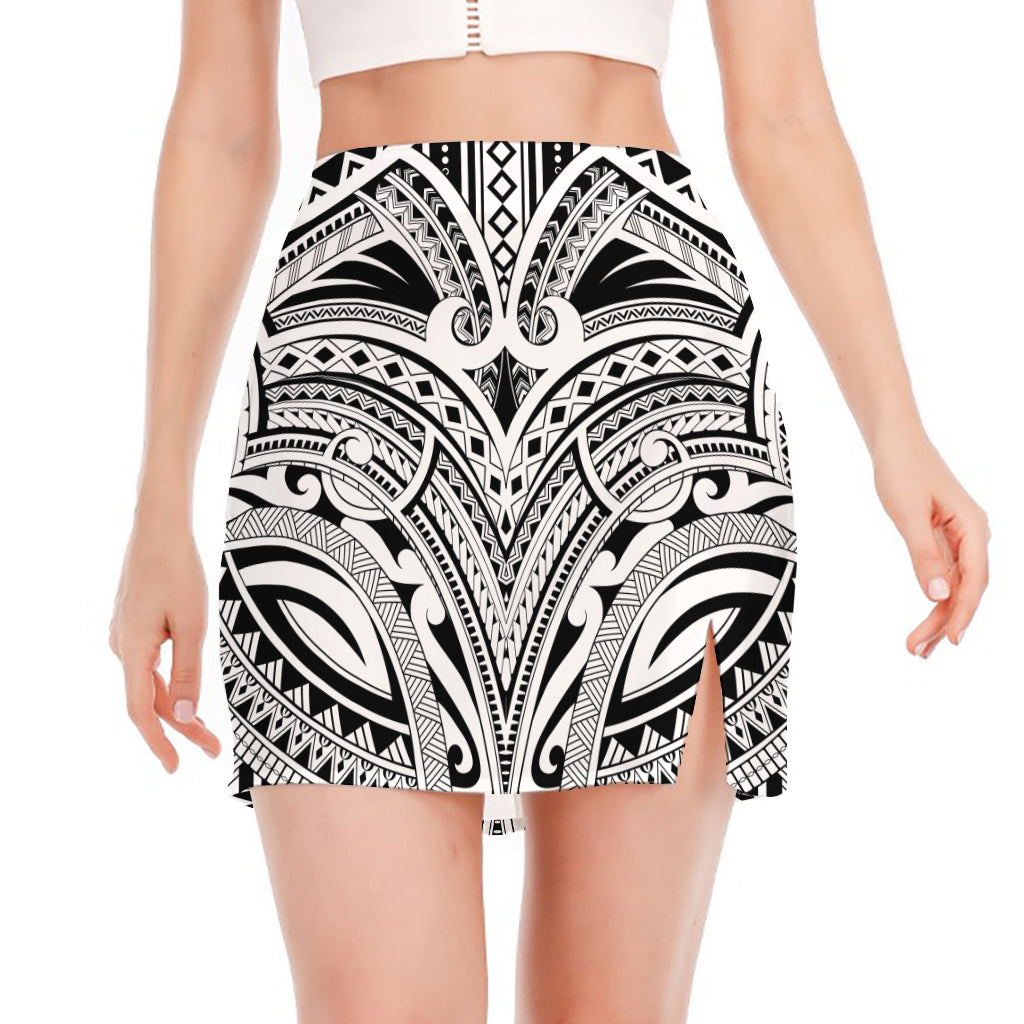 Tribal Maori Polynesian Tattoo Print Side Slit Mini Skirt