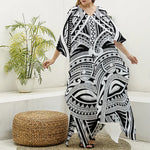 Tribal Maori Polynesian Tattoo Print Silk V-Neck Kaftan Dress