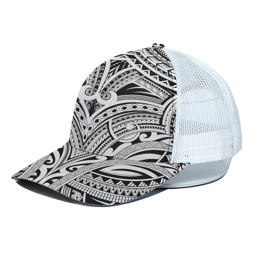 Tribal Maori Polynesian Tattoo Print White Mesh Trucker Cap