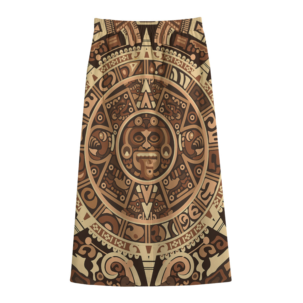 Tribal Maya Calendar Print Cotton Front Slit Maxi Skirt