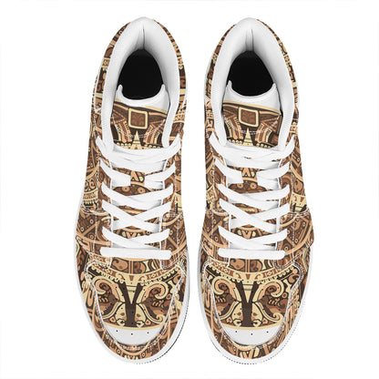 Tribal Maya Calendar Print High Top Leather Sneakers