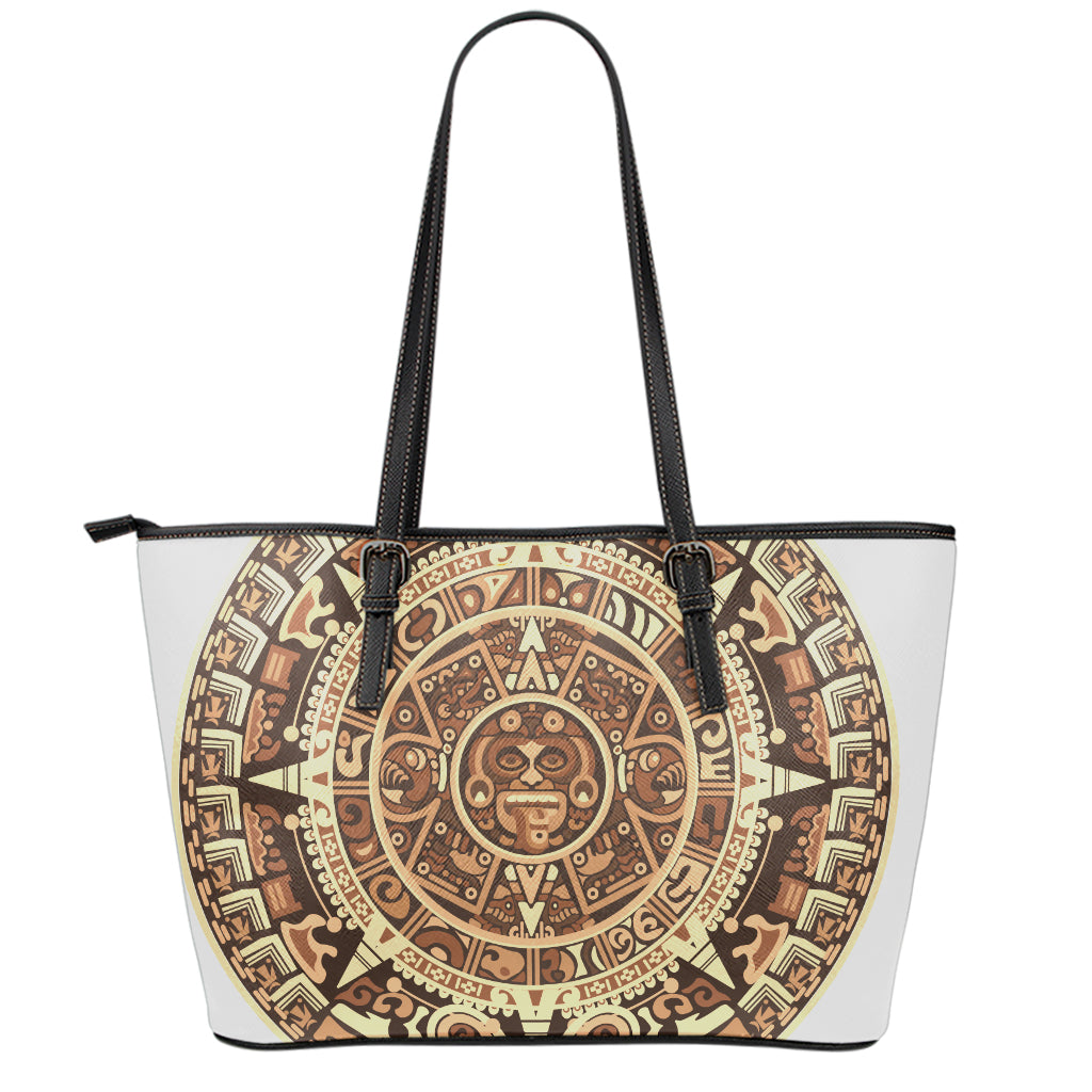 Tribal Maya Calendar Print Leather Tote Bag