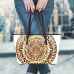 Tribal Maya Calendar Print Leather Tote Bag