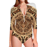 Tribal Maya Calendar Print Long Sleeve Swimsuit