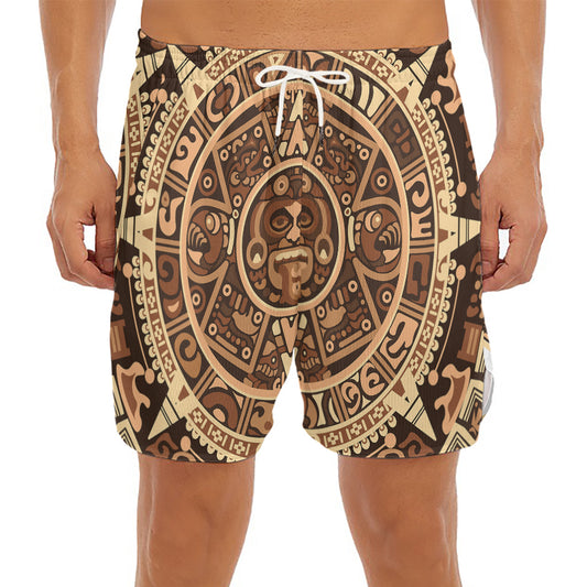 Tribal Maya Calendar Print Men's Split Running Shorts