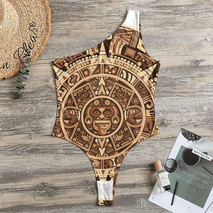 Tribal Maya Calendar Print One Shoulder Bodysuit