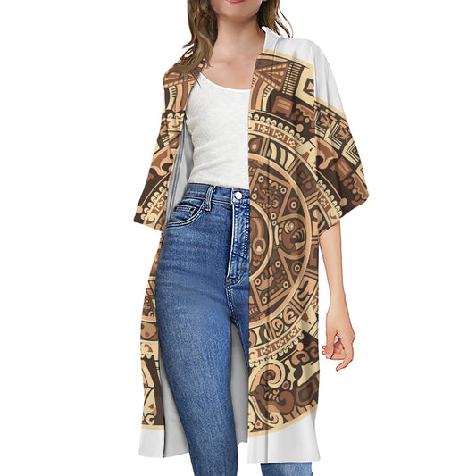 Tribal Maya Calendar Print Open Front Beach Cover Up