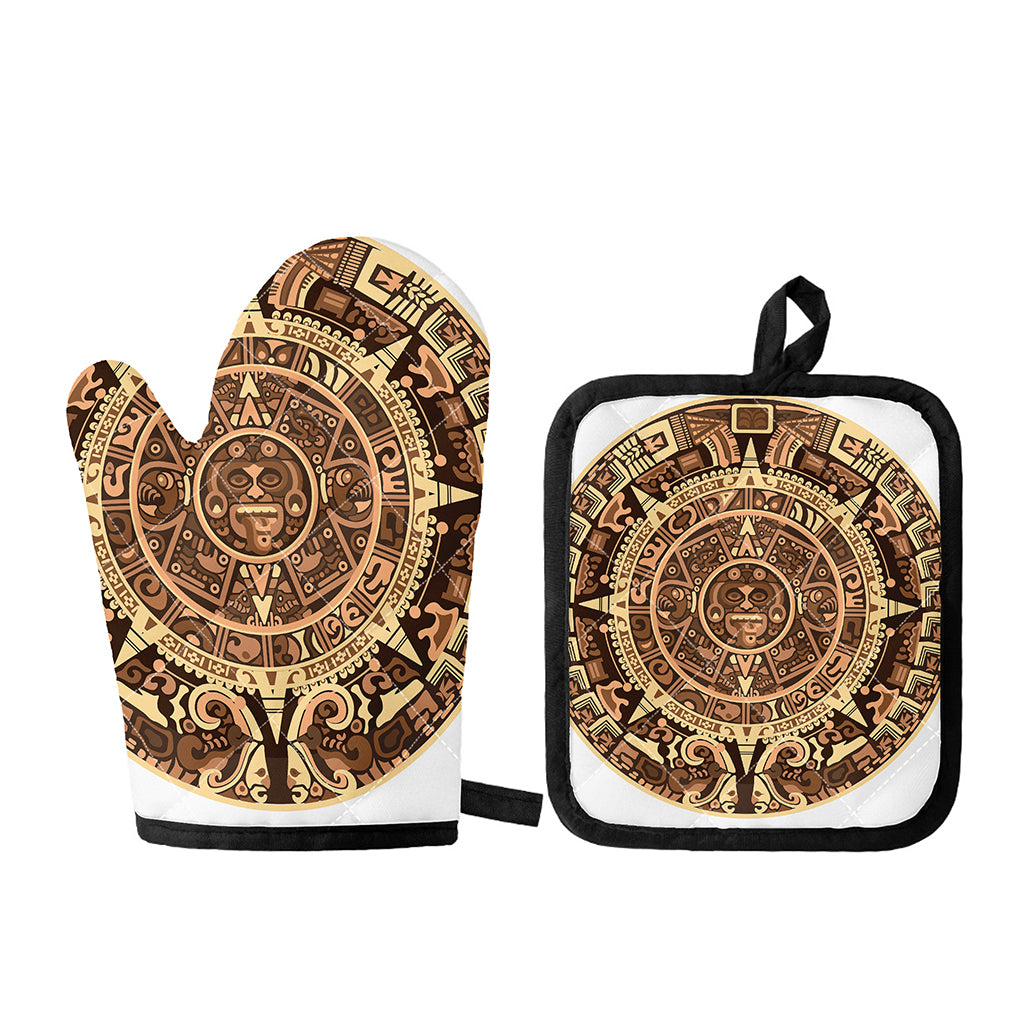 Tribal Maya Calendar Print Oven Mitt And Pot Holder Set