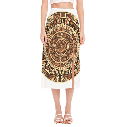 Tribal Maya Calendar Print Side Slit Midi Skirt